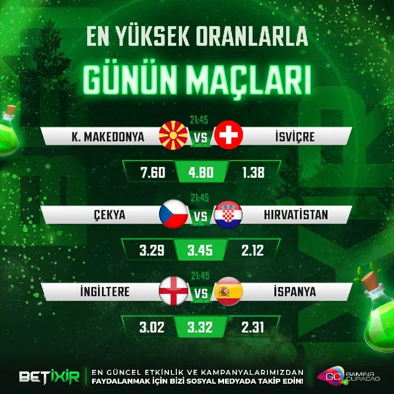 ⬆️ #BetiXir 'den Günün En Çekişmeli Karşılaşmaları ⬆️ 🕒 21:45 - K. Makedonya ⚔️ İsviçre 🕒…
