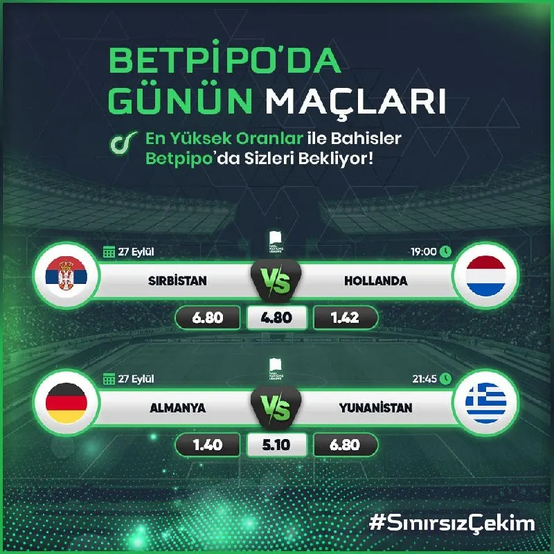 📣 BetPipo’da günün maç heyecanı başlıyor! ⚽️ Sırbistan - Hollanda ⚽️ Almanya - Yunanistan…