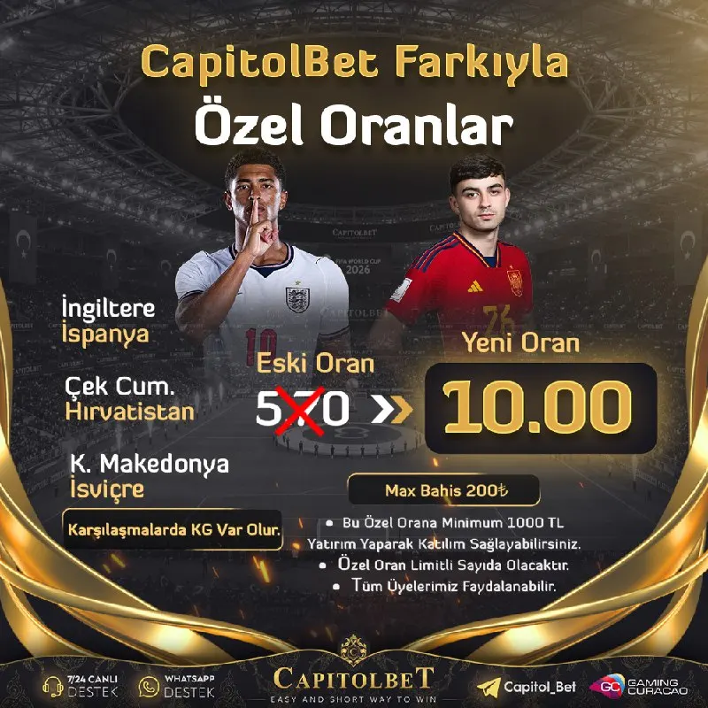 📈 CapitolBet 'te Özel Oran Fırsatı Kazandırıyor ☄️ ⚽️ İngiltere ❌ İspanya ⚽️ Çek Cum. ❌…