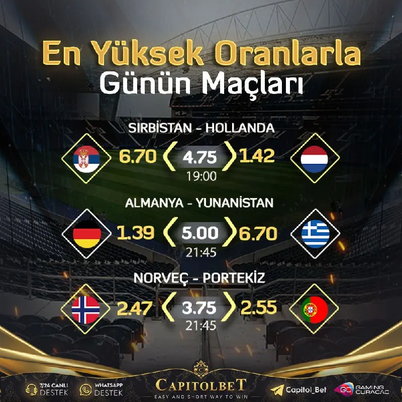 ⬆️ #CapitolBet 'te Günün En Heyecanlı Karşılaşmaları ⬇️ 🕒 19:00 - Sırbistan ⚔️ Hollanda 🕒…