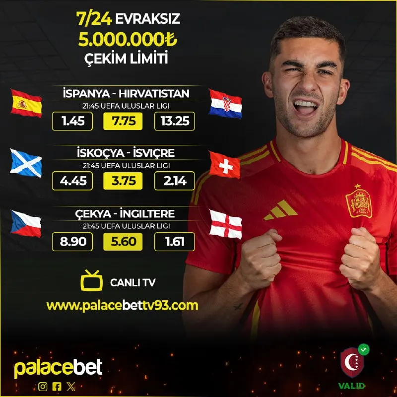 🚨Günün Maçları ve En Yüksek Oranlar #PalaceBet'te! 🚨 ⚽️ İSPANYA 🆚 HIRVATISTAN ⚽️ İSKOÇYA…
