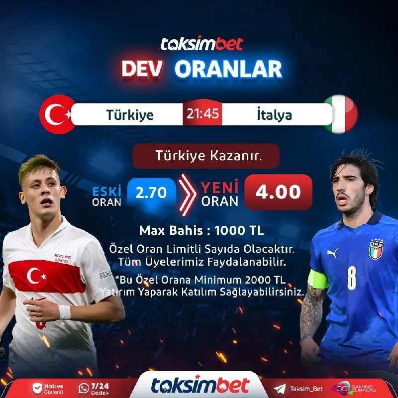 📣 #TaksimBet'ten Dev Maça Özel Oran ‼️ ⚽️ Türkiye ⚔️ İtalya ➡️ Türkiye Kazanır ⬅️ ➡️Eski…