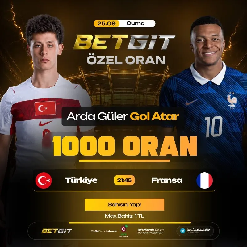 🔢🔢🔢🔢 🅰️🅰️🅰️🅰️ 🇹🇷 TÜRKİYE - FRANSA 🇫🇷 ⚽️ Arda Güler gol atar bahsine 1000 ÖZEL ORAN! 💰 Gün…