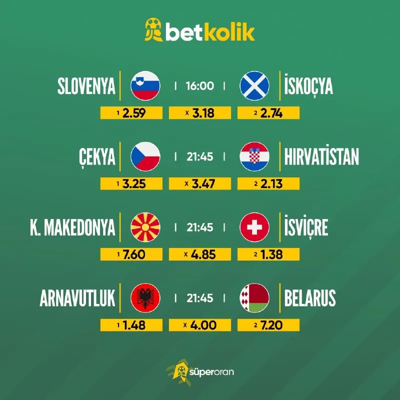 🔥Günün öne çıkan karşılaşmaları seni bekliyor. ⚽️Slovenya 🆚 İskoçya ⚽️Çek Cumh. 🆚…