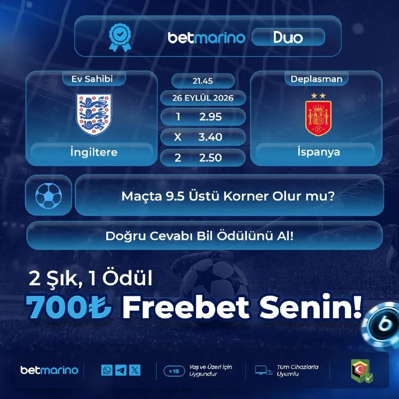 7️⃣0️⃣0️⃣ 🔤🔤 🔤🔤🔤🔤🔤 İngiltere 🆚 İspanya Karşılaşmasında 9.5 Üstü Korner Olur Mu? 🎁…